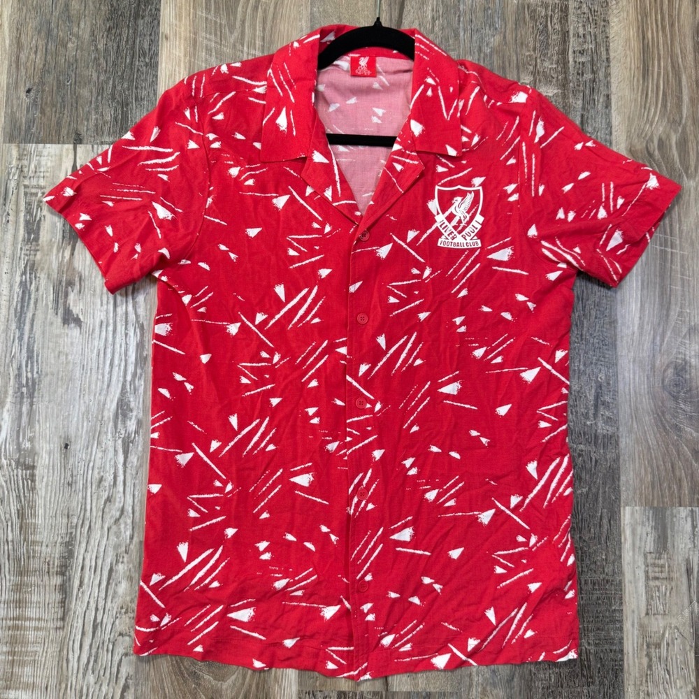 Liverpool FC Shirt Mens Small Red White Short Sleeve Button Down Camp Collar LFC
